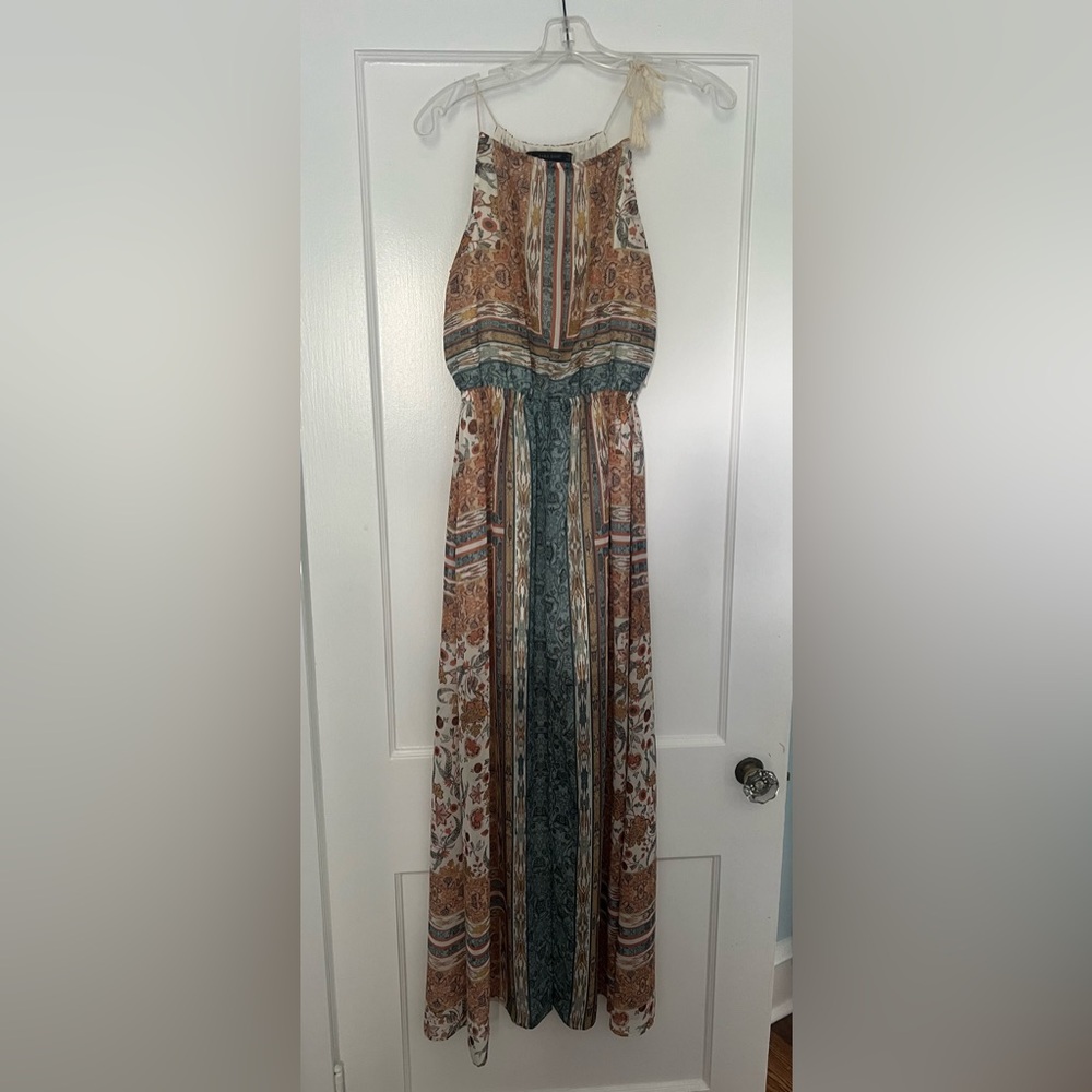 Zara Brown, Teal & Cream Printed Maxi Dress